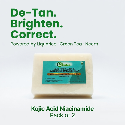 Ceebus Tone Correction Bar | De-Tan Soap with Liquorice, Green Tea & Neem | Kojic Acid + Niacinamide | Helps Visibly Even Skin Tone | For Men & Women | Pack of 2