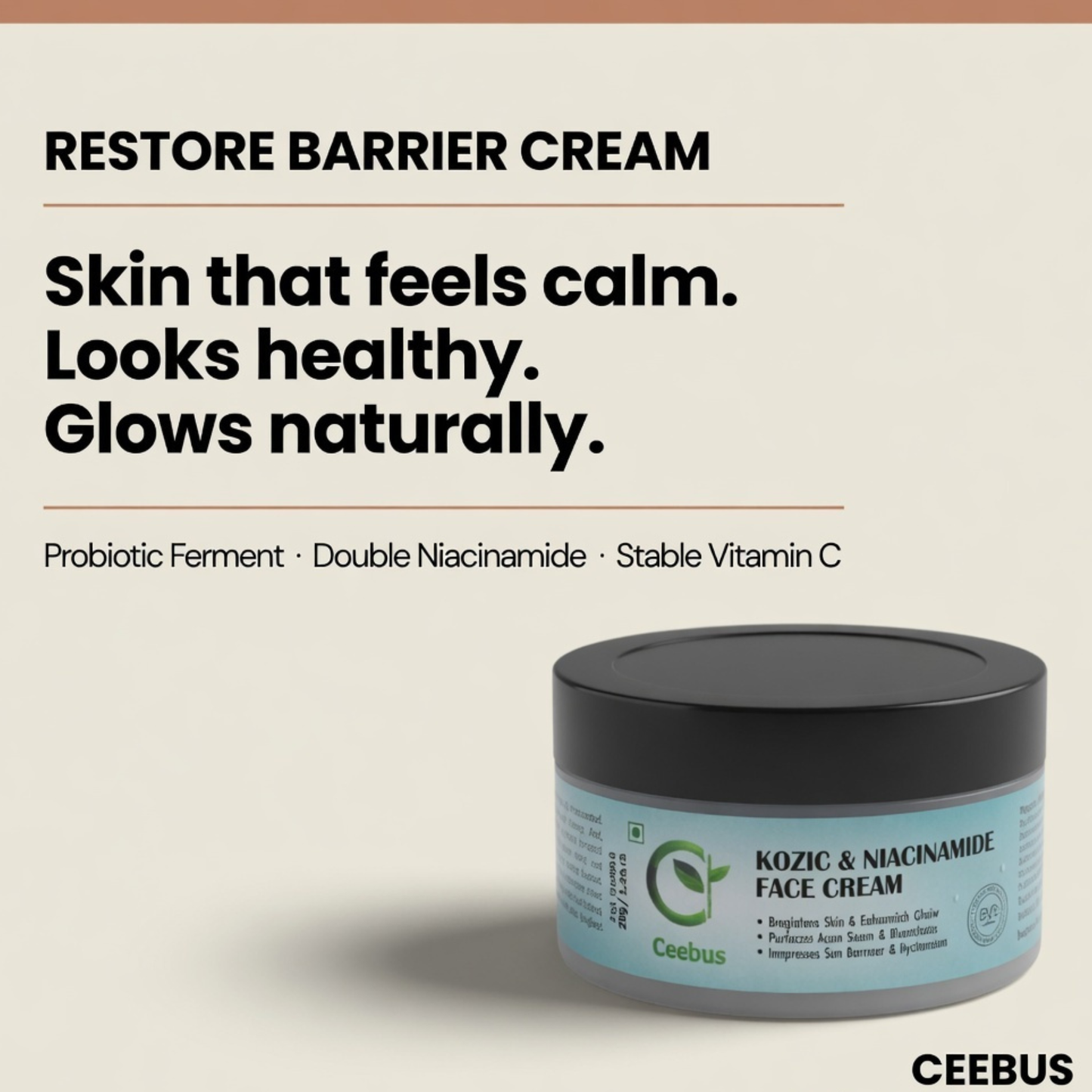 Ceebus Restore Barrier Cream with Lactobacillus Ferment, Niacinamide & Vitamin C | For Dry & Sensitive Skin | All Skin Types | 50g