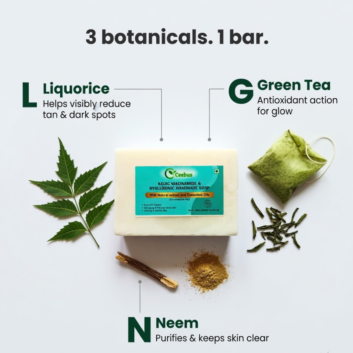 Ceebus Tone Correction Bar | De-Tan Soap with Liquorice, Green Tea & Neem | Kojic Acid + Niacinamide | Helps Visibly Even Skin Tone | For Men & Women | Pack of 2