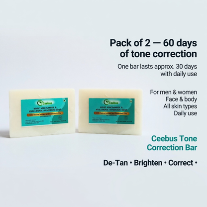 Ceebus Tone Correction Bar | De-Tan Soap with Liquorice, Green Tea & Neem | Kojic Acid + Niacinamide | Helps Visibly Even Skin Tone | For Men & Women | Pack of 2
