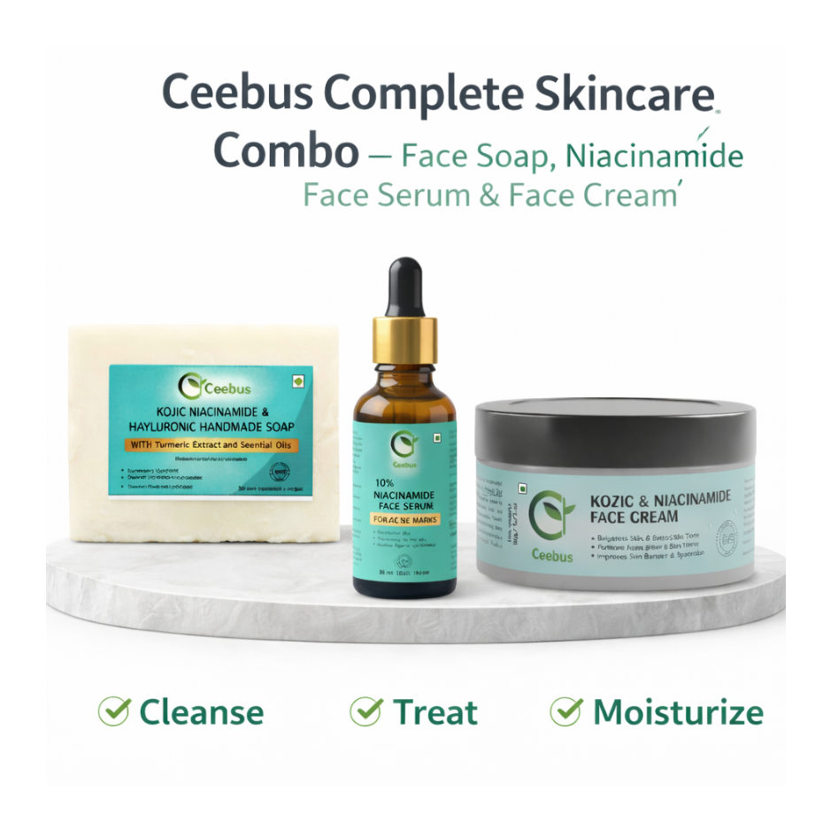 Ceebus Complete Skincare Combo, Soap with Kojic Niacinamide & Hyaluronic, 10% Niacinamide Serum 30ml, Cream, 3-Step Daily Routine for Men & Women