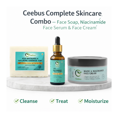 Ceebus Complete Skincare Combo, Soap with Kojic Niacinamide & Hyaluronic, 10% Niacinamide Serum 30ml, Cream, 3-Step Daily Routine for Men & Women