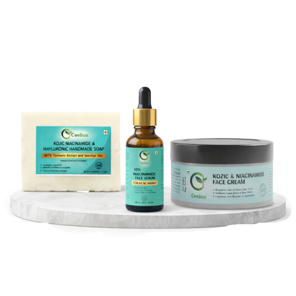 Ceebus Complete Skincare Combo, Soap with Kojic Niacinamide & Hyaluronic, 10% Niacinamide Serum 30ml, Cream, 3-Step Daily Routine for Men & Women
